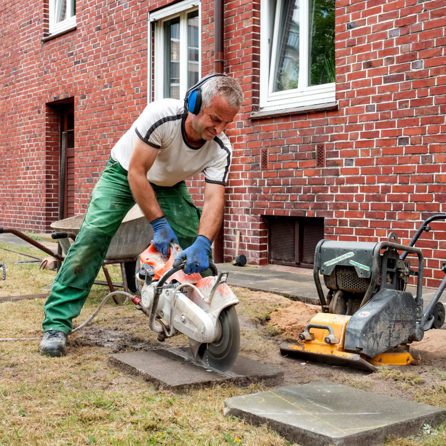 Garten & Landschaftsbauer mit Kreissäge