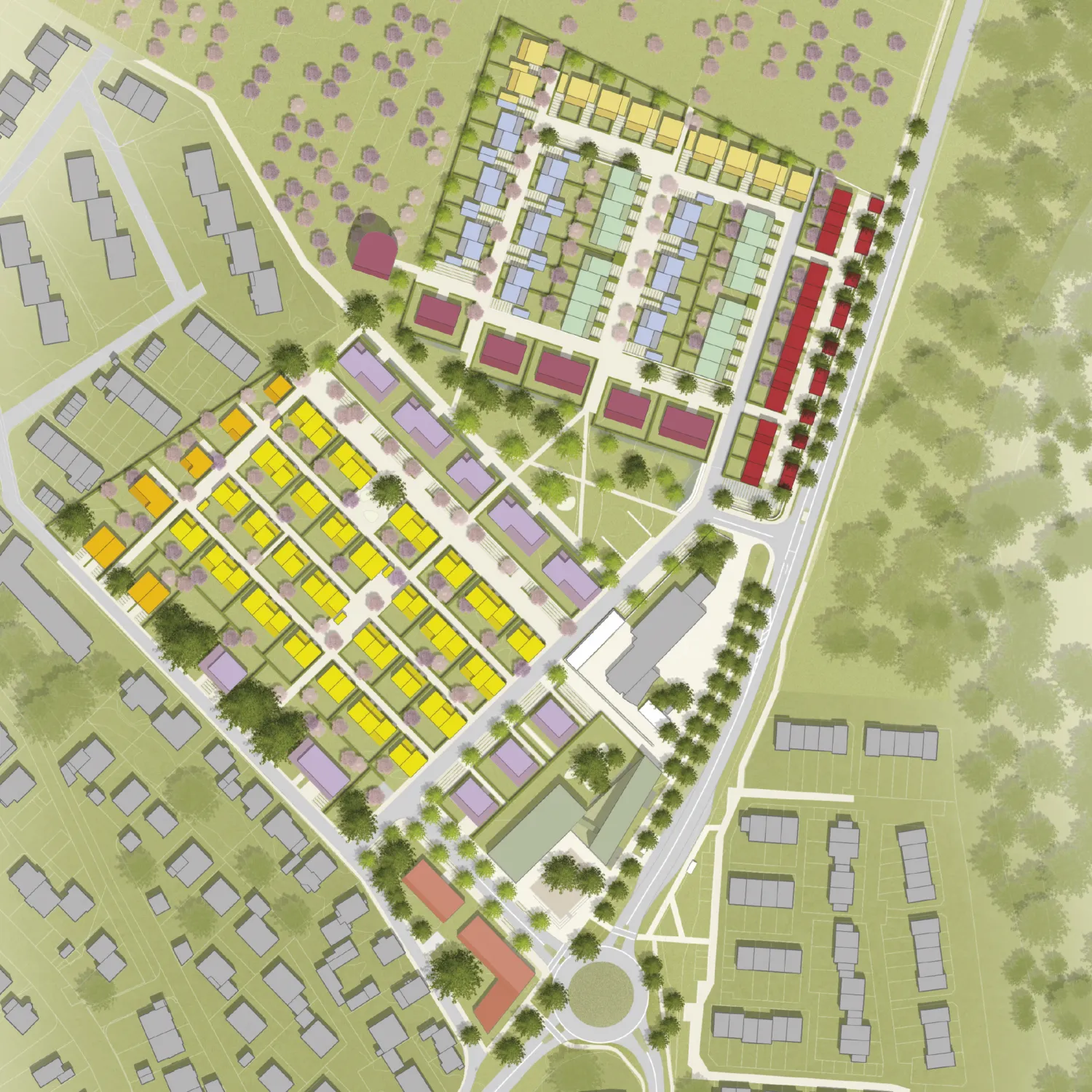 Moderne Wohnhäuser und Grünflächen in naturnaher Umgebung von FRANK. ÖkoSiedlung Friedrichsdorf Städtebauliche Entwicklung